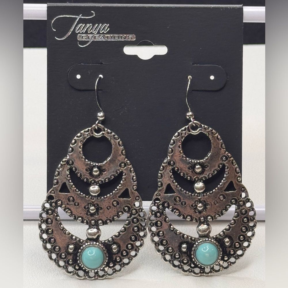 Silver and Blue Teardrop Earrings with Turquoise Accents 2.5 inch